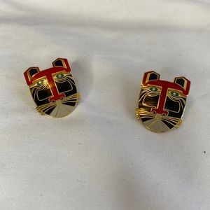 Laurel Burch Miikio Vintage Red Black Gold Enamel Cat Earrings Stud